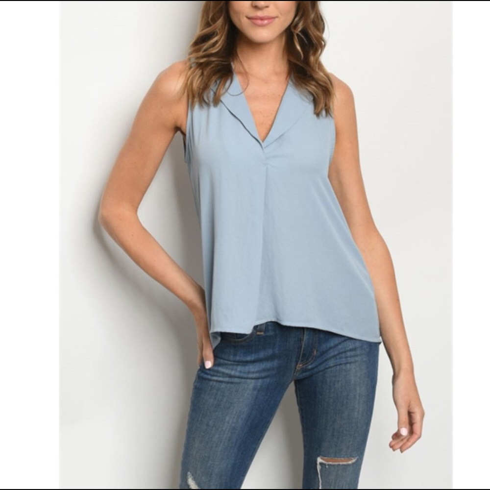 So CUTE Blue Sleeveless V-Neck w/ Lapel Color Top